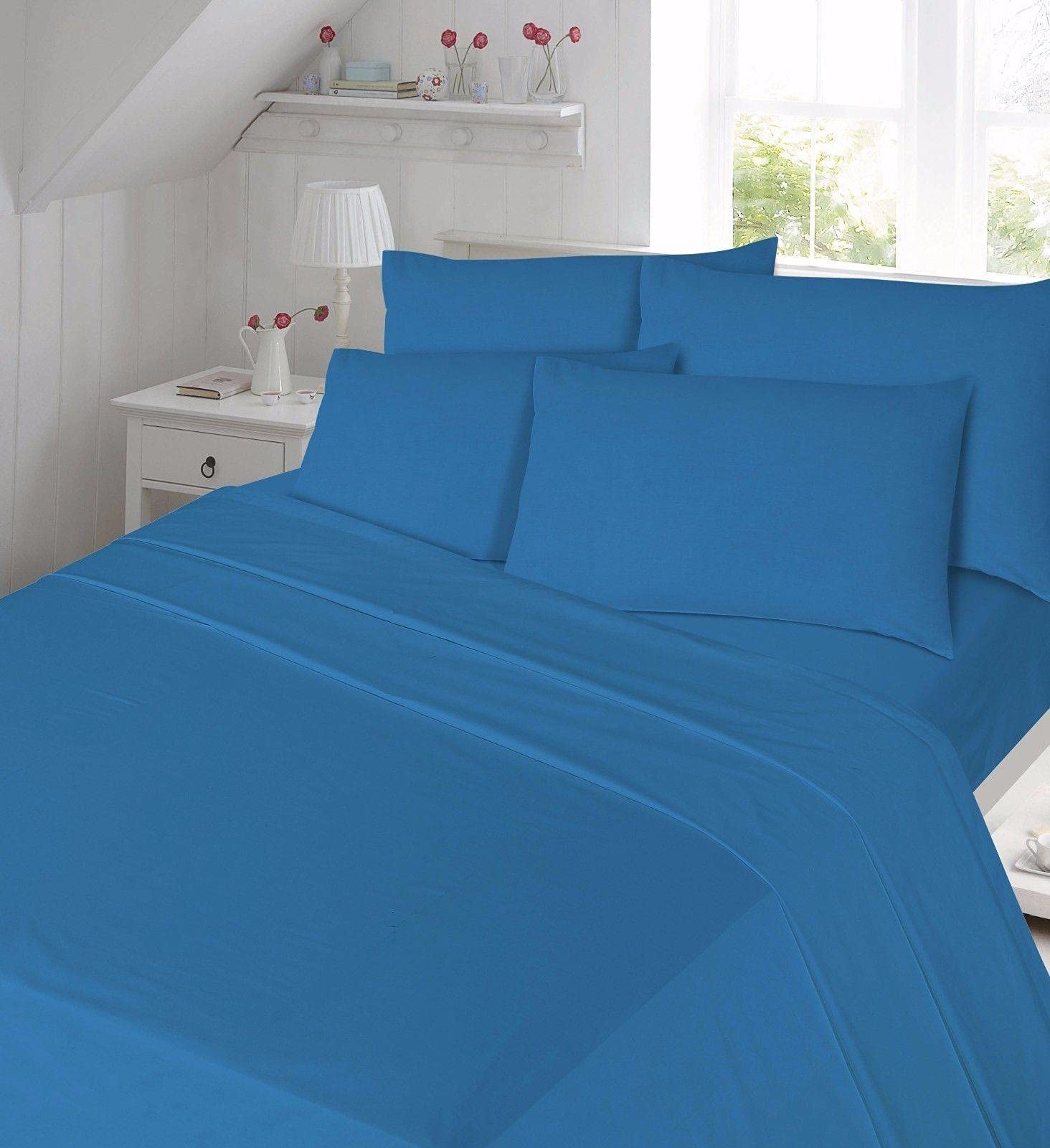 Comfort Collections Flannelette Fitted Bed Sheet Thermal Soft With FREE MATCHING 2 X PILLOW CASE Plain Dyed 100% Cotton Bed Fitted Sheet Blue Superking
