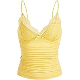 Naileksi Women Y2k Lace Trim Cami Top Spaghetti Strap Fairy Grunge Tank Top V Neck Ruched Bow Lace Patchwork Cami Shirt