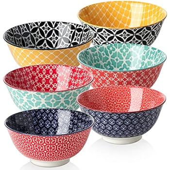 DOWAN 23 Ounces Porcelain Bowls Set, Cereal, Soup, Pasta Bowls, Set of 6, Colorful Design