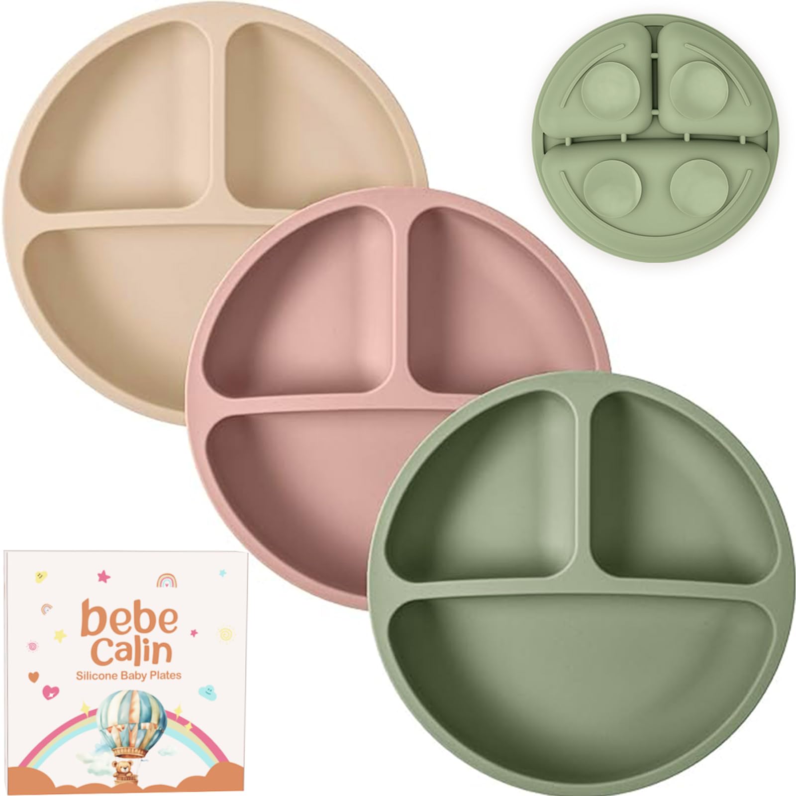 BebeCalin Baby Plates with Suction - 3 Pack Silicone Baby Suction Plates for Toddler Kids Self Feeding - Weaning Plates for High Chair Tray - Unbreakable, Portable, Non Slip (Nude+Pink+Green), BB001