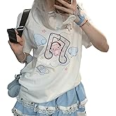 RILGOU Harajuku Style Pastel Kawaii Gothic Clothes Casual Crewneck Soft Cartoon Cute Cat Music Angel Print T-Shirt