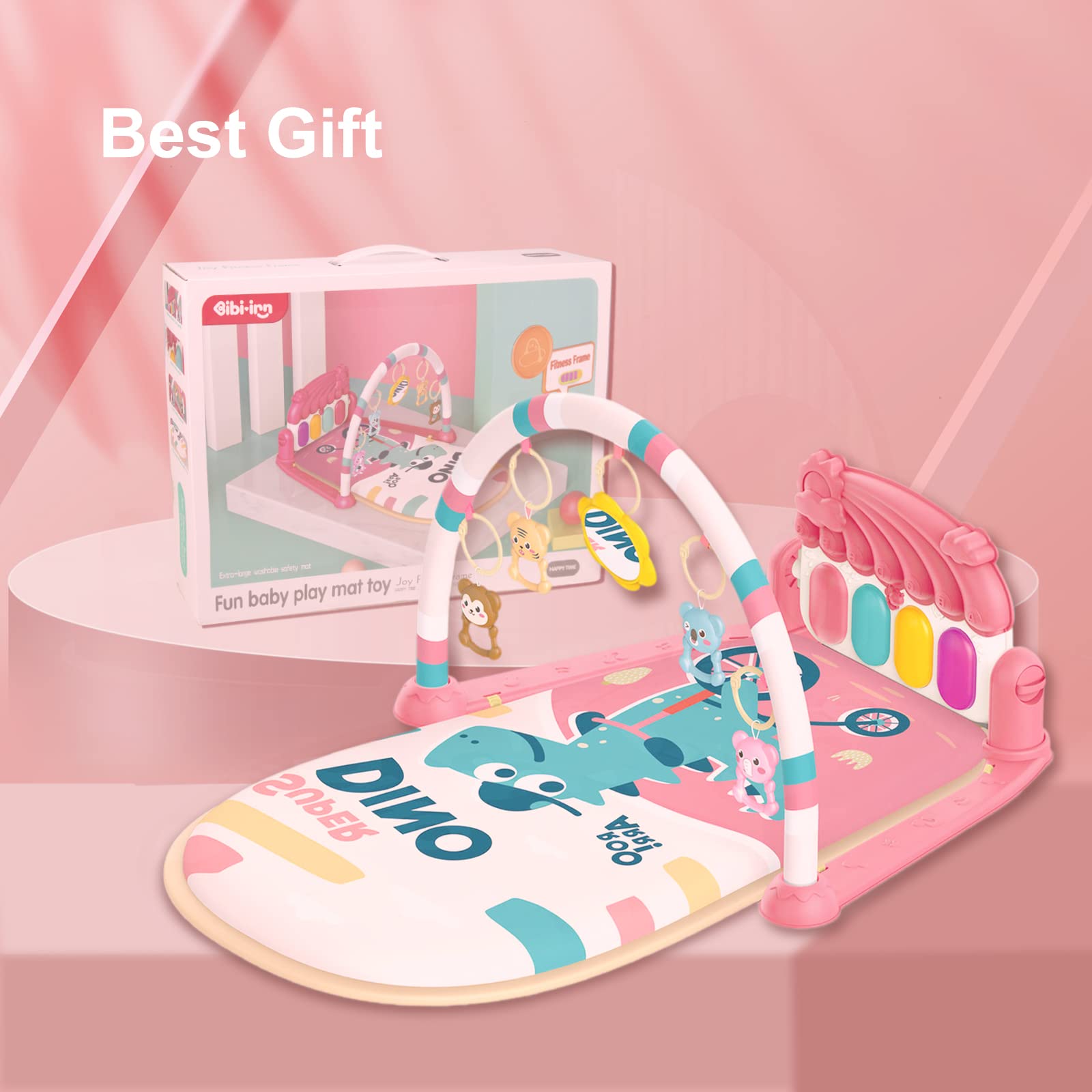 dearlomum Play Mat & Activity Gym, Piano Tummy Time Gym Mat with 5 Infant Sensory Toys, Music and Lights, Gifts for Newborns 0–12 Months (Pink)