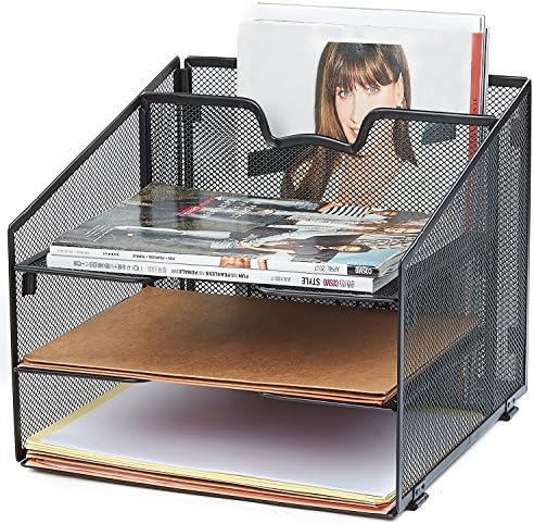 Rackarster Vertical Mesh Office Desk Organizer Desktop File Organizer with 3 Paper Organizer Letter Tray and Separate Compartment, Black