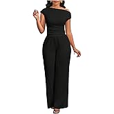 WDIRARA Women's One Shoulder 2 Piece Outfits Short Sleeve Tee Straight Leg Pants Set