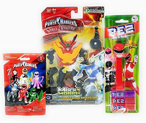 Power Rangers Mixx n Morph Turbo Falcon Rangerzord Plus PEZ Red Ranger Dispenser and Three Candy Packs with Mega Construx Series 1 Collectible Mystery Bag
