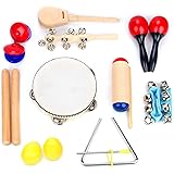 Boxiki kids Musical Instrument Set 16 PCS Rhythm & Music Education Toys for Kids. Includes Clave Sticks, Shakers, Tambourine,