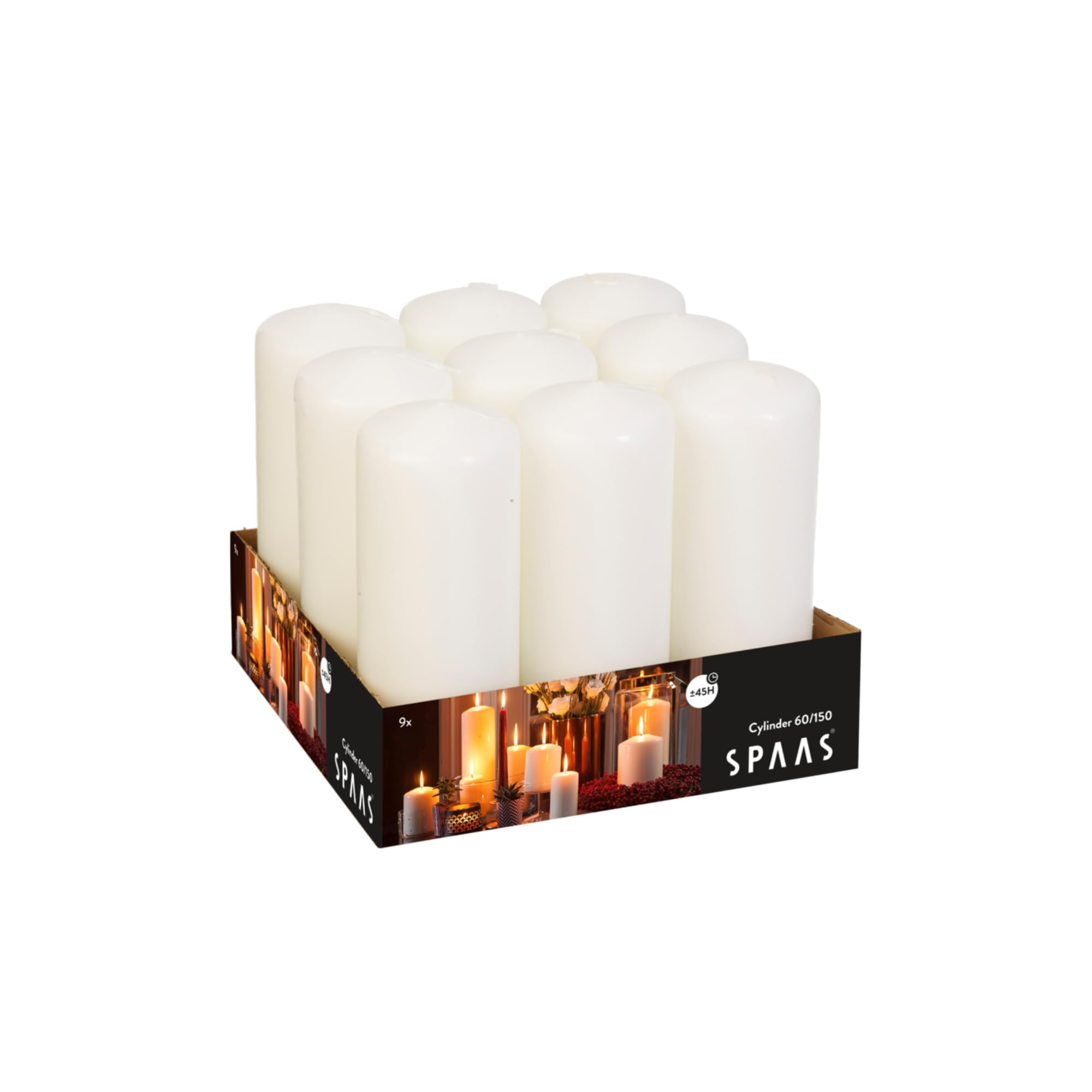 Spaas Tray of 9 Unscented Pillar Candles 60/150 mm, ± 45 Hours, White