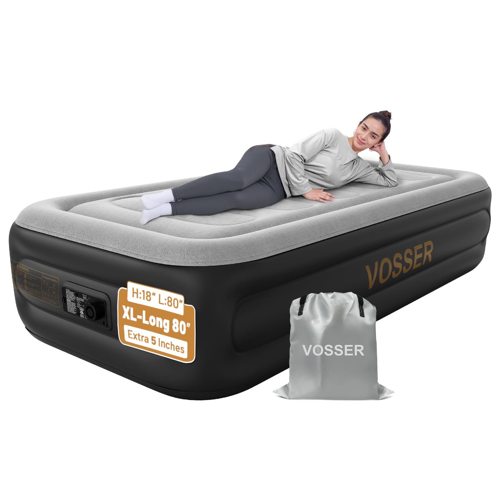 Photo 1 of VOSSER Twin Air Mattress with Built in Pump,18''Inflatable Mattress 2 Mins Self-Inflation/Deflation,XL-Long Blow up Mattress Thicker,Flocked Top Air Bed with Storage Bag for Home, Camping & Guests