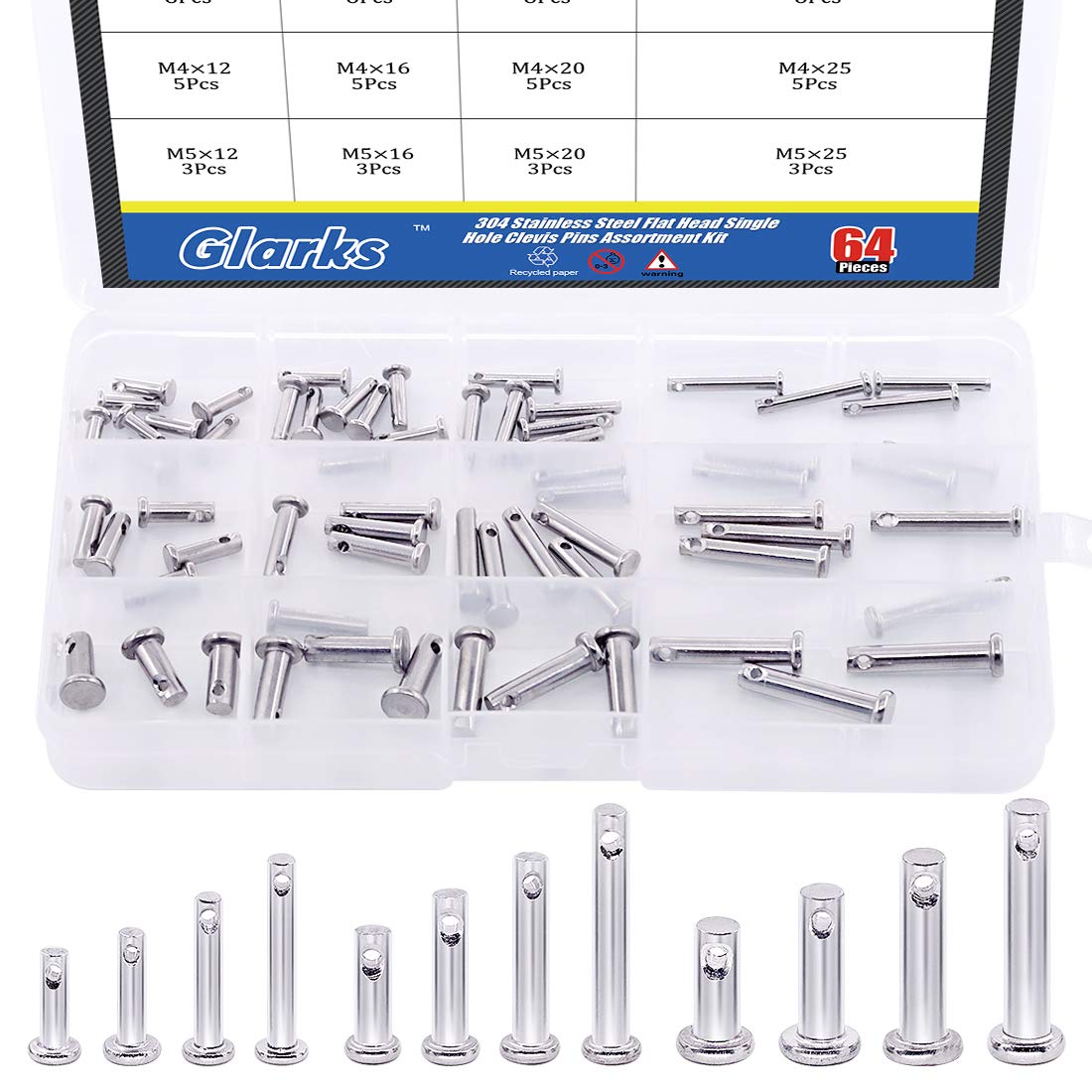 Shiyou-Glarks 44Pcs 12 Sizes 304 Stainless Steel Flat Head Single Hole Clevis Pins Assortment Kit