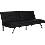 DHP Emily Futon Sofa Bed, Modern Convertible Couch With Chrome Legs Quickly Converts into a Bed, Black Faux Leather