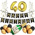 40th Birthday Party Pack â€“ Black & Gold Happy Birthday Bunting, Poms, and Swirls Pack- Birthday Decorations â€“ 40th Birthday Party Supplies