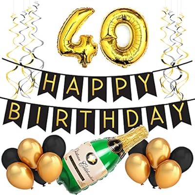 40th Birthday Party Pack â€“ Black & Gold Happy Birthday Bunting, Poms, and Swirls Pack- Birthday Decorations â€“ 40th Birthday Party Supplies
