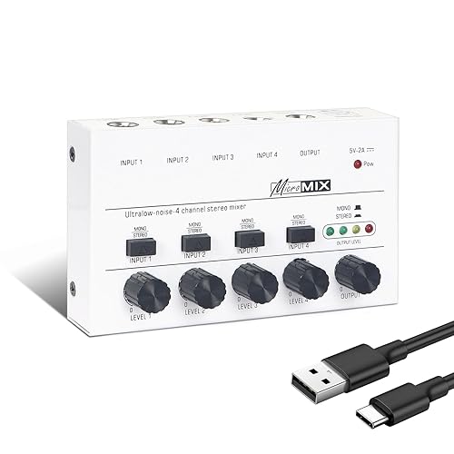Horse Audio Mixer Line Mixer, 4-Channel Stereo Line Mixer for Sub-Mixing, Ultra Low Noise Operation, for Guitar, Microphone, Bass, Digital Keyboard, Suitable for Bar and Small Club, White