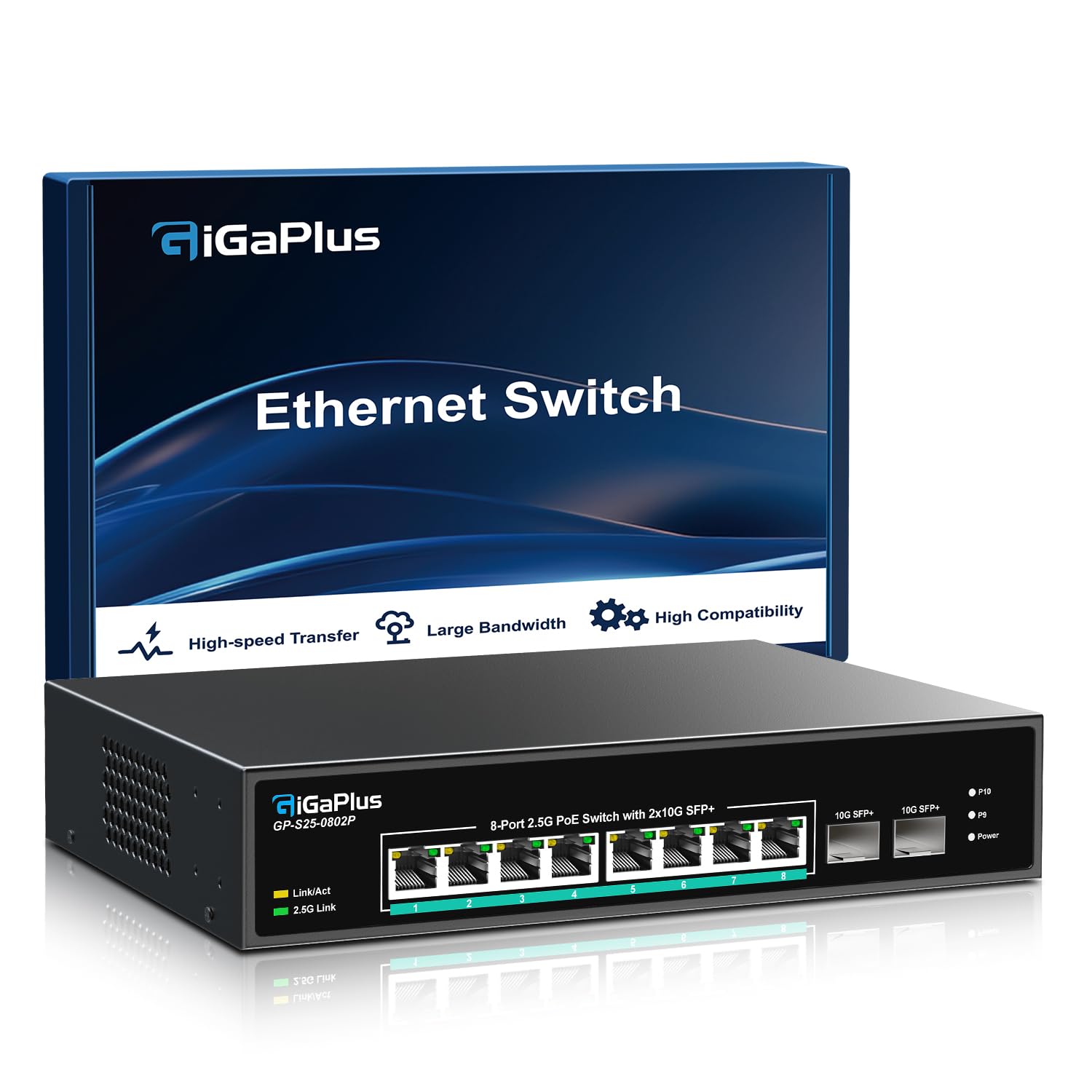 Photo 1 of 10 Port 2.5Gb Unmanaged PoE Switch with 8*2.5G Base-T PoE Ports, 2*10G SFP+ Uplink, 802.3af/at (PoE+), 80Gbps Switching Capacity, GigaPlus 2.5G PoE Switch for 2.5Gb NAS/PC, WiFi6 Router, Wireless AP
