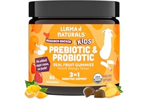 Llama Naturals Kids Probiotic with Prebiotic Fiber, Vegan, Organic Prebiotics and Probiotics Gummies for Gut Health Support, Toddler Real Fruit Gummy Vitamins, No Added Sugar Cane, Peach Mango, 60 Ct