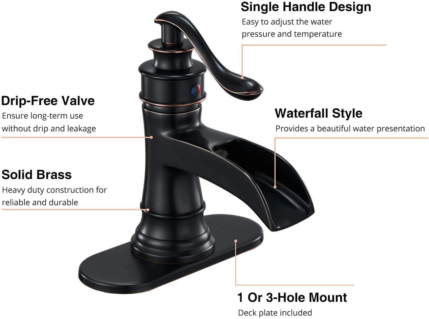 Waterfall Bathroom Faucet Oil Rubbed Bronze Sink with Pop Up Drain Stopper Faucets Single Hole Rustic Vanity Farmhouse Overflow One Handle Bath Black Commercial Assembly Lead-Free by Homevacious - - 