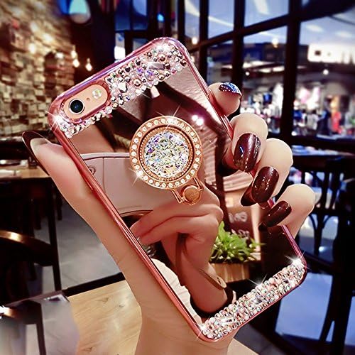 Inspirationc iPhone X Case, Luxury Crystal Rhinestone Soft Rubber Bumper Bling Diamond Glitter Mirror Makeup Case for iPhone X with Detachable 360 Degree Ring Stand-Rose Gold