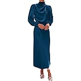 BTFBM Womens Mock Neck Satin Dress Spring Summer 2026 Long Sleeve Lightweight Formal Wedding Party Maxi Cocktail Dresses