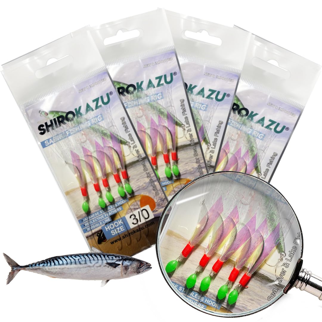 SHIROKAZU Reflective Mackerel Feather Lures - Anti-Rust Steel Hooks, Versatile Use for Freshwater & Saltwater Fishing - 5 Hooks Each, Ideal for Sea Bass, Trout, Perch, Carp (Reflective x4 Packs)