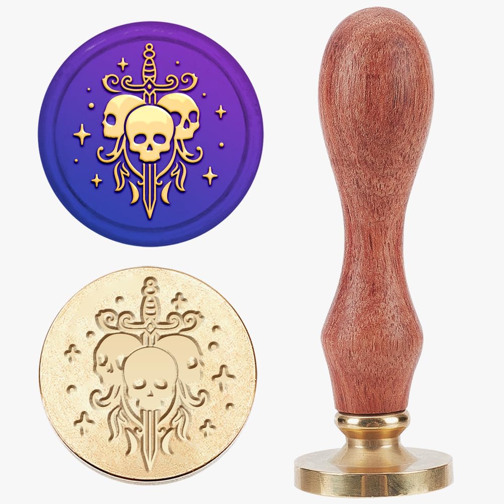 MAYJOYDIY Sword Skull Wax Seal Stamp 25mm Star Magic Sealing Wax Stamps Removable Skeleton Theme Brass Head Wooden Handle for Envelopes Cards Invitation Gift Packing