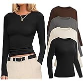 Ekouaer 4 Pack Women's Long Sleeve Basic Shirts Fitted Workout Tops Athletic Underscrubs Undershirts XS-XXL