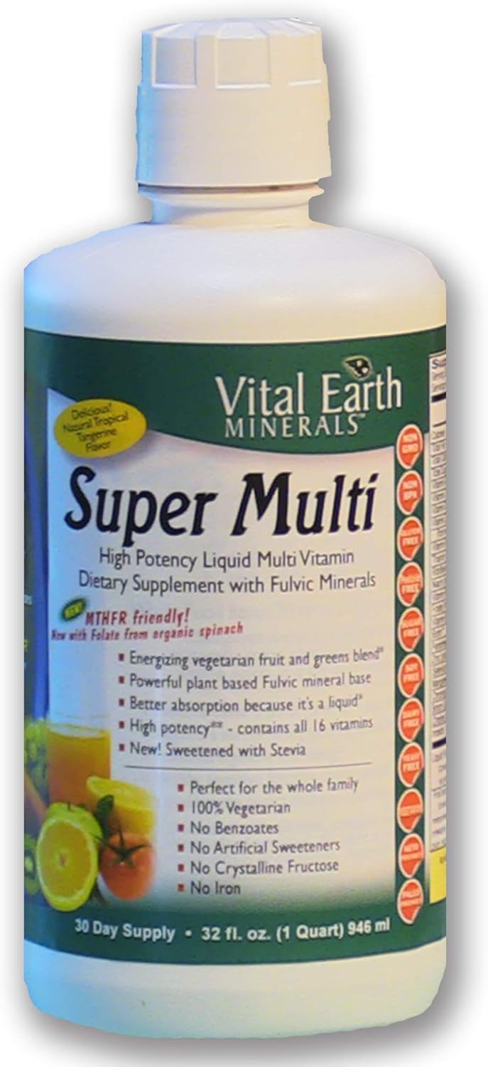 Vital Earth Minerals Super Multi Liquid Vitamins 32 Fl. Oz. - 1 Month Supply- High Potency - MTHFR Friendly- Vegetarian - Liquid Multi Vitamin Supplement with Ionic Fulvic Minerals: Health & Personal Care