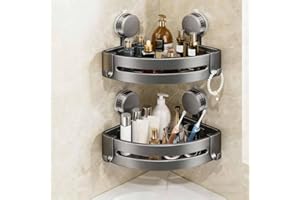 2 Pcs Shower Caddy Corner Grey Suction Cup Shower Shelf with Hooks No Drilling Rustproof Shower Shelves for Bathroom Organize