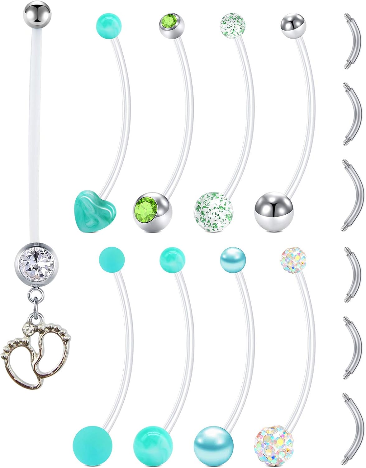 LAURITAMI 9stk Schwangerschaft Bauchnabelpiercing 38mm 14G Bioflex Flexibel Acryl Nabel Piercing