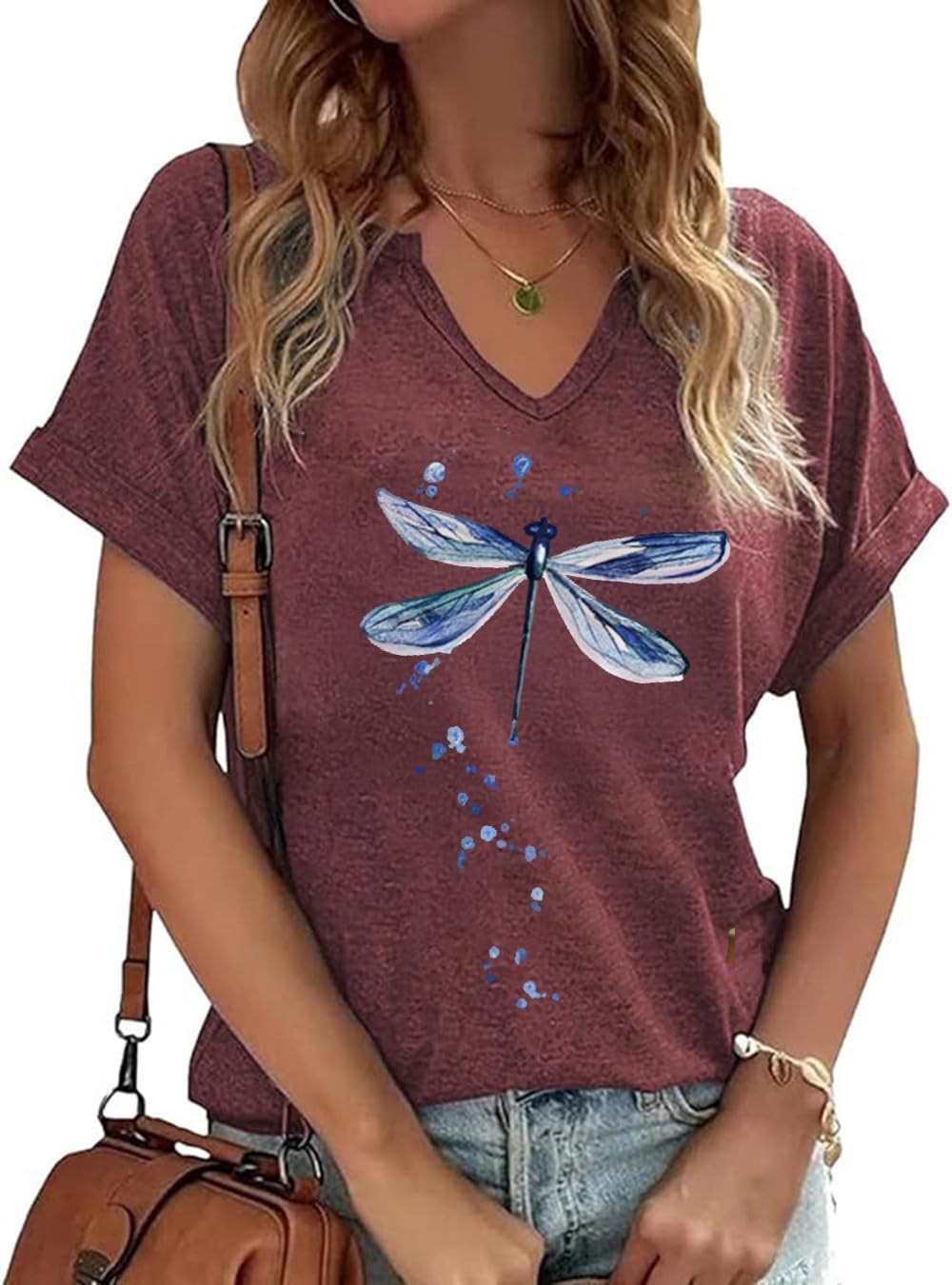 Photo 1 of PUCKOLITY Women's Dragonfly Graphic V Neck Shirts Casual Summer Funny Dragonfly Printed Short Sleeve Cute Tee Tops(XL,7 Maroon)