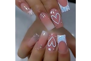 RUOKEXIN Heart Press On Nails Medium Square Fake Nails Glitter Glossy Acrylic False Nails with Rhinestones Designs Ombre Pink Full Cover Press Ons Fall Winter Holiday Stick on Nails for Women 24Pcs