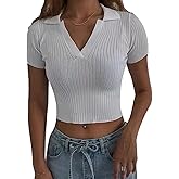 Hyipels Women Knit Crop Polo Shirts,Summer Short Sleeve Ribbed Collared T-Shirt Solid Fitted V Neck Tops
