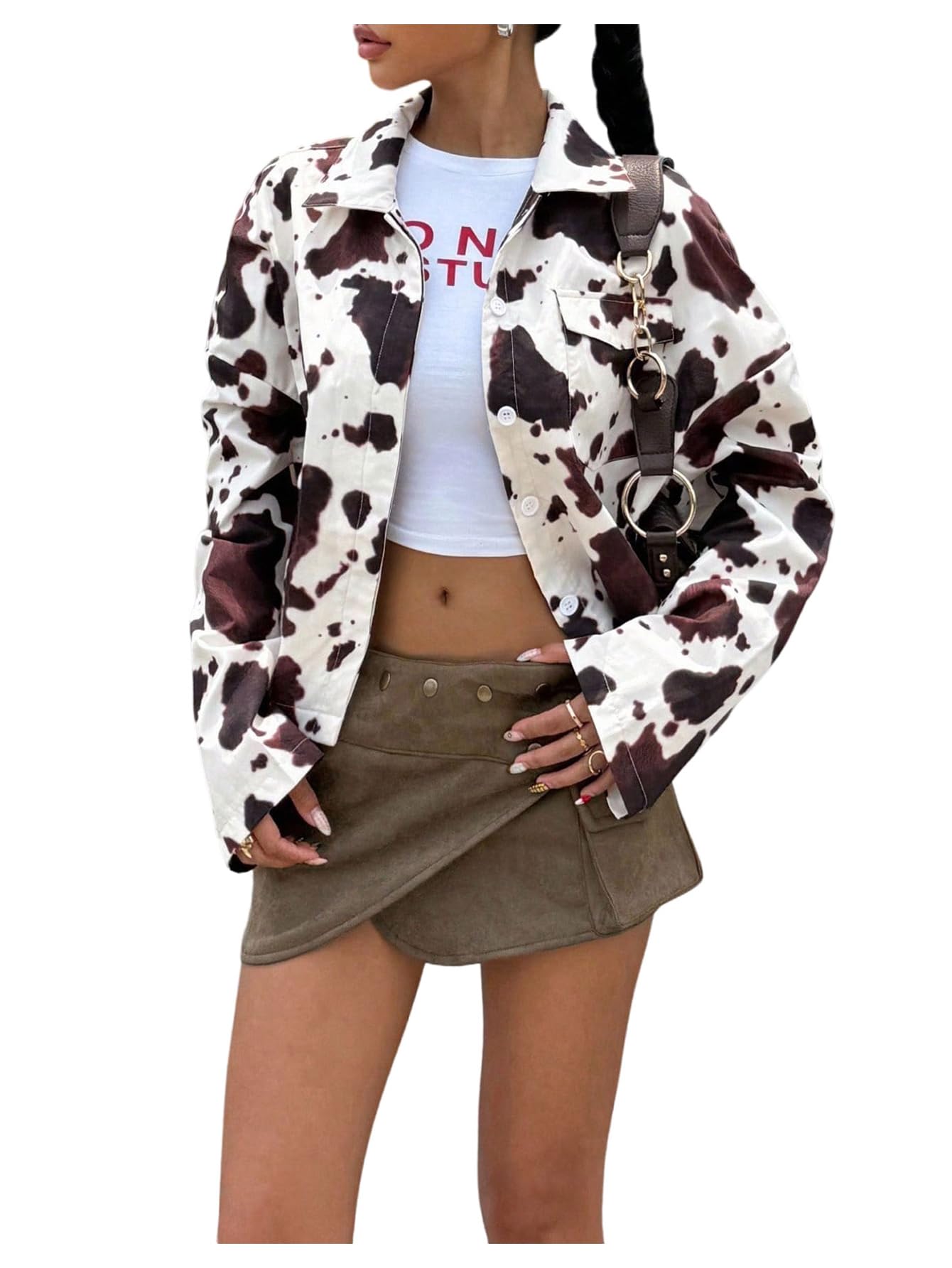 Photo 1 of Floerns Women's Cow Print Jacket Long Sleeve Button Down Western Cowboy Coat Outerwear Brown Multi Large