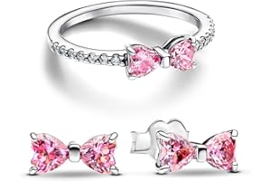 UNE DOUCE UneDouce Sparkling Bow Rings Set with 14K Gold/Silver Plating | Pink Bow Earrings and Ring Set for Women | Friendship Promise Ring, Stackable Bow Jewelry Set, Gift for Women