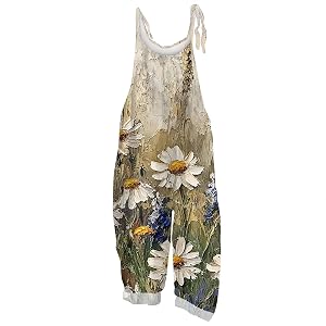 Women Linen Overalls Casual Floral Loose Fit Jumpsuits Boho Bib Pants