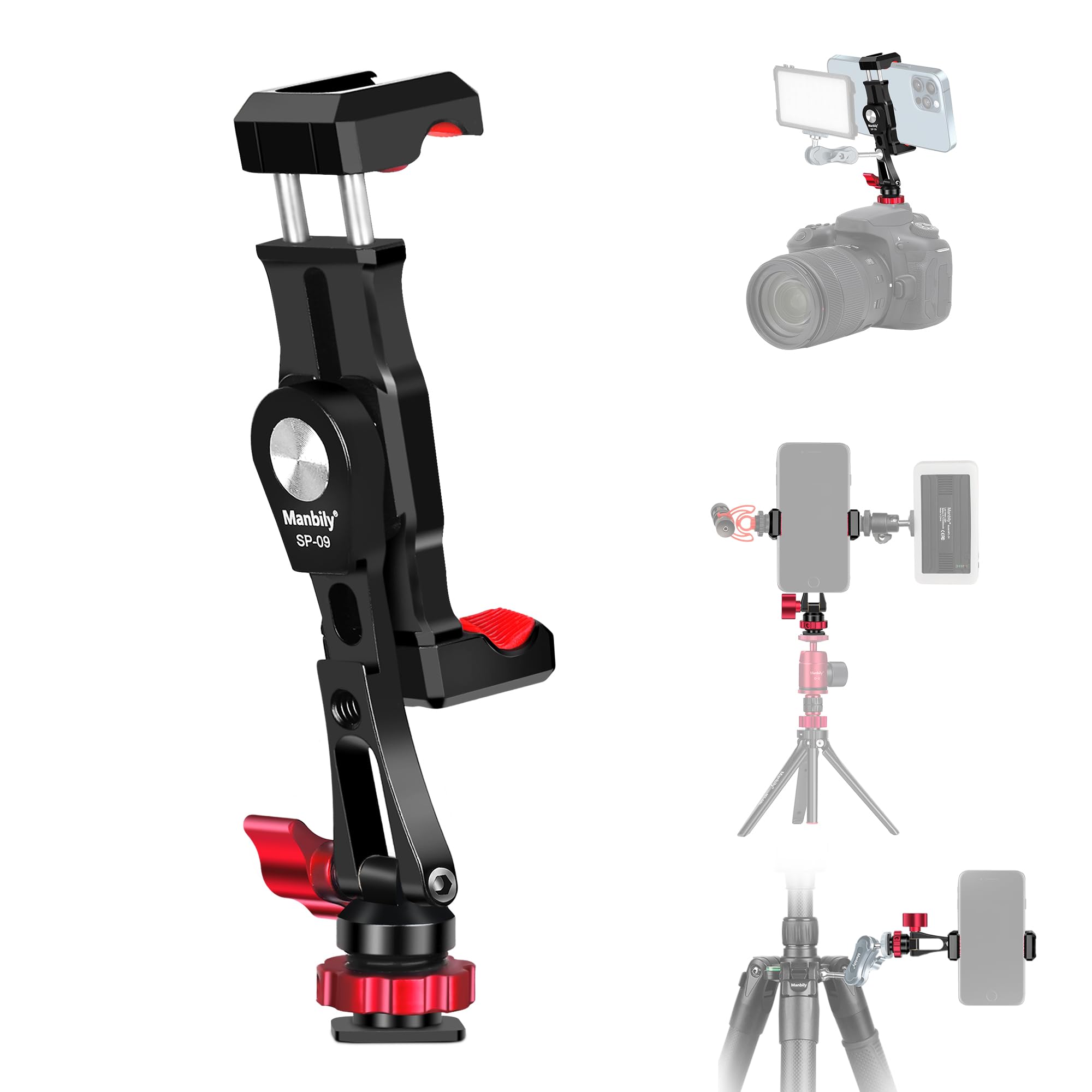 Manbily Cell Phone Holder Metal for Tripod, Smartphone Mount for Camera with 3 Cold Shoe, 1/4" Aluminum alloy, 360° Rotating DSLR Suitable for Mobile iPhone Fill Light, Vlog Video, Mic (SP-09)
