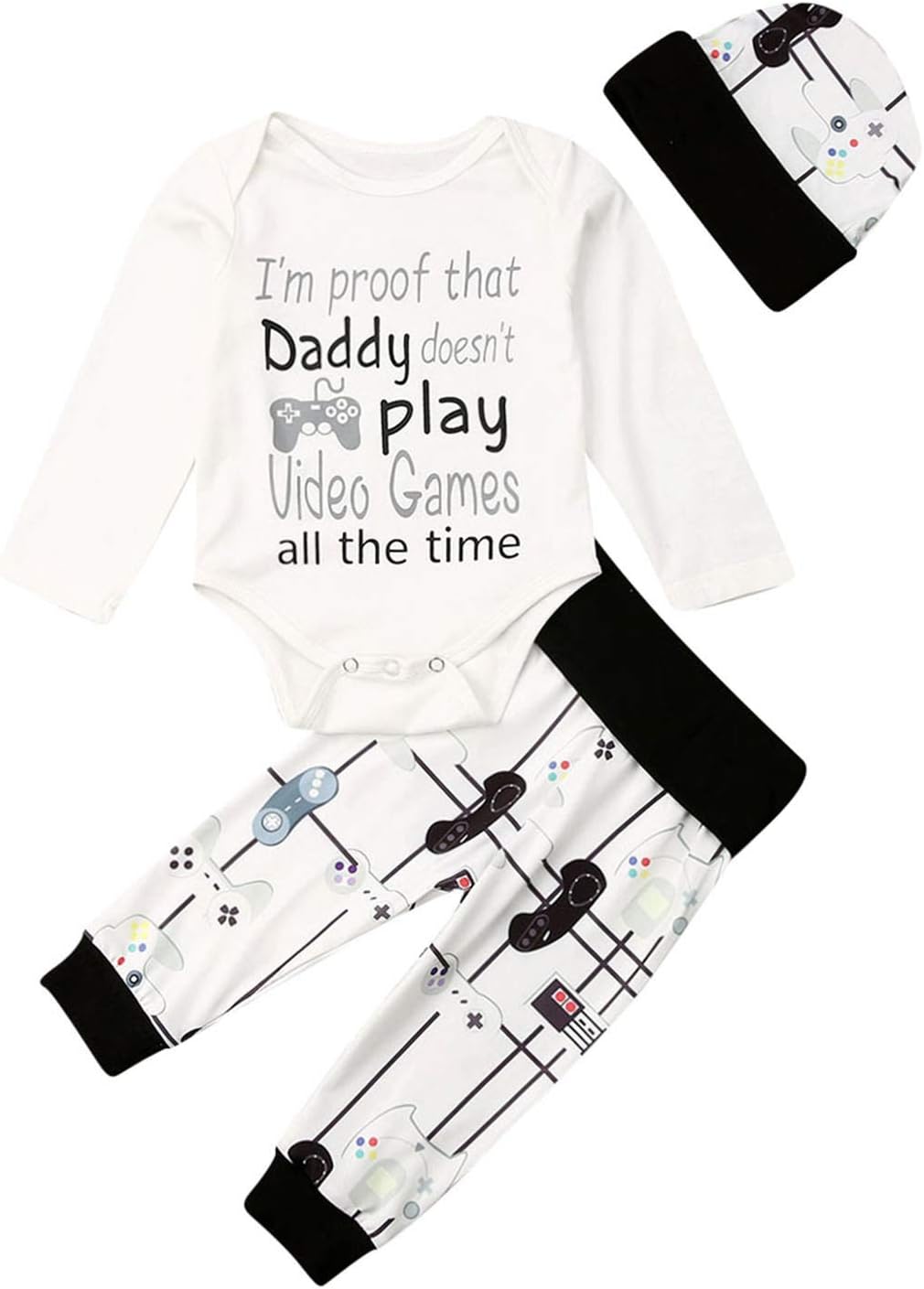 OAKFashion Baby Boys Girls Long Sleeve Cute Letter Printed Romper Bodysuit+ Long Pants+Hat 3Pcs Winter Outfits