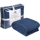 HILLFAIR 100% Combed Cotton Blanket– Queen Size Bed Blanket– Warm Soft All Season Breathable Lightweight Summer Blankets– Waffle Weave Home Decor Bed Blanket- Navy Queen Bed Cotton Blankets/Bedcover