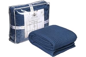 HILLFAIR 100% Combed Cotton Blanket– Twin Size Bed Blankets– Warm Soft All Season Breathable Lightweight Summer Blankets– Waffle Weave Home Decor Bed Blanket- Navy Twin Bed Cotton Blankets/Bedcovers