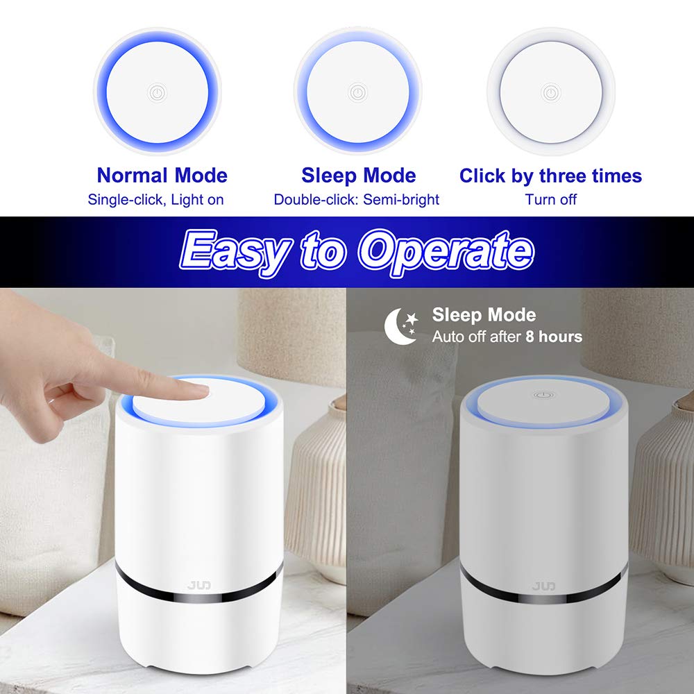 JUD Desktop Air Purifier with 2 True HEPA Filter, Portable Quiet Mini Odor Allergies Eliminator for Small Areas Rooms and Office,Smokers,Smoke,Dust,Mold,Pets, Air Cleaner with Blue Night Light
