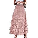 Mincib Womens Long Tulle Skirt A Line Ruffle Tiered Layered Skirts High Waisted Flowy Fairy Maxi Skirts