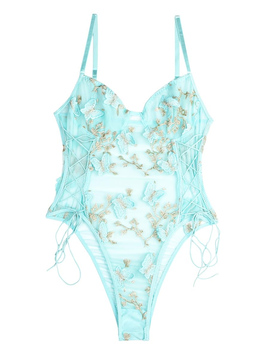 Photo 1 of Lilosy Petite Women Sexy Lace Up Floral Embroidered Teddy Babydoll Lingerie Bodysuit Top Mesh Sheer One Piece See Through Mint Green Large