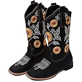 gloryinterest Cowboy Boots for Women Mid Calf Cowgirl Western Boots Sunflower Embroidery Stitched Square Toe Low Heel Black Brown Yellow US6-10.5