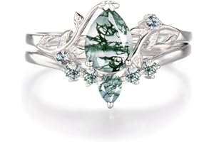DONGHU Natural Moss Agate Engagement Ring for Women Pear/Hexagon/Kite/Princess Cut Gemstone Genuine Moss Agate Wedding Ring Set Bridal Ring Set 925 Sterling Silver 10K 14K 18K Gold Moss Rings for Women Size 4-12