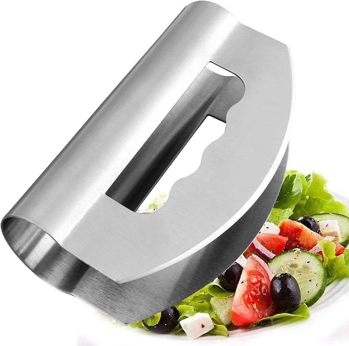Mezzaluna Chopper - Vhabob Salad Chopper knife with Double Blade Protective Covers - Stainless Steel Mezzaluna Knife - Multipurpose Premium Salad Chopper for Home, Kitchen and Restaurant