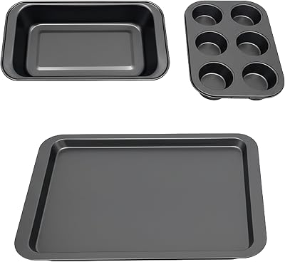Conjunto de 3 peças: Tabuleiro de 6 queques, forma de pão, assadeira antiaderente, aço carbono, 230 °C, cinzento escuro