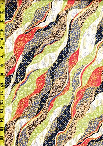 Japanese, Asian, Quilting, Sewing Fabric - Quilt Gate - Chiyogami Wavey Ribbons - HR3200-16B - Dark Blue, Lavender, Lime Green, White &amp; Salmon