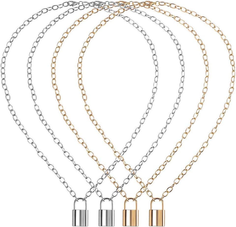 FRIUSATE 4 Pcs Lock Necklace, Cute Y Necklaces Punk Chain Necklace Alloy Choker Necklace Pendant for Women Men