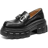 EAU Today Platform Loafers for Women,Leather Chunky Loafers for Women,Heel Lug Sole Slip-on Breathable Horsebit Non-Slip Shoes for Work Business Casual Black US 6