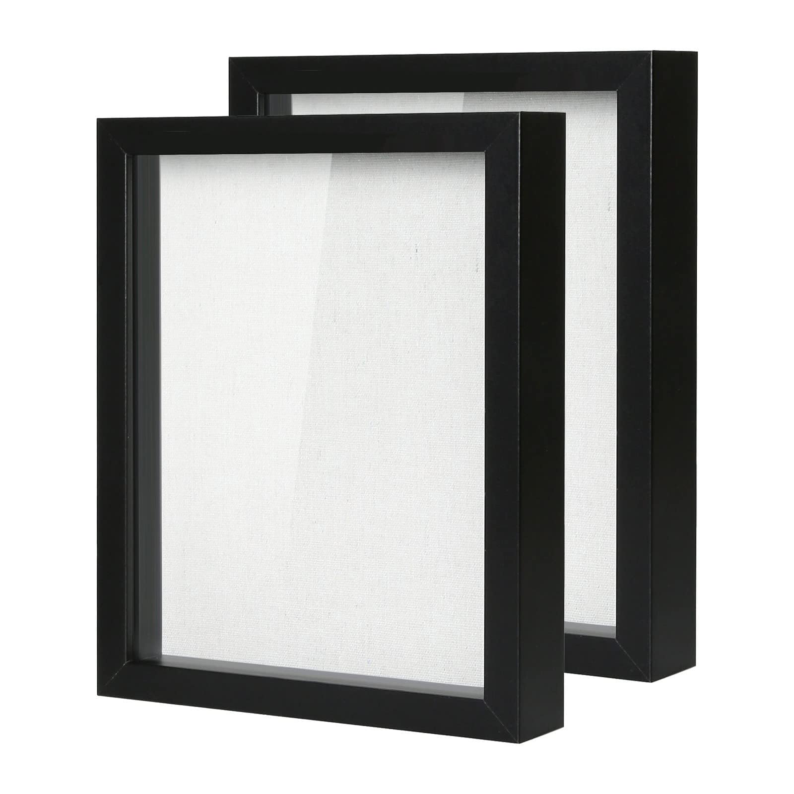Muzilife Shadow Box Picture Frame with Linen Board Deep Wood Glass Display Case Ready to Hang Memory Box Baby Sports Memorabilia, Pins, Awards, Medals, Wedding, Tickets and Photos (Black, 2pcs 8X10)