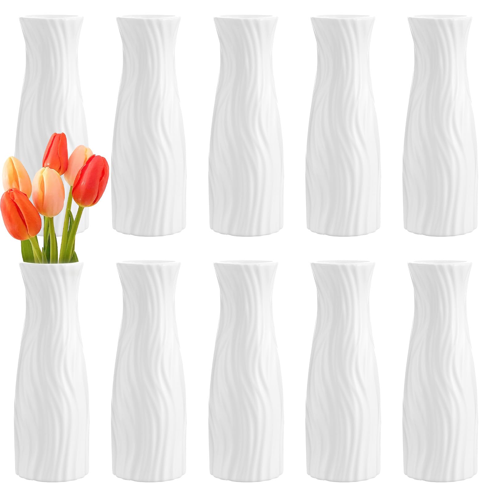 Photo 1 of 10 Pack White Composite Plastic Flower Vases, 7.9" Tall Unbreakable Bud Vases for Centerpieces - Home, Wedding, Office Table Decor